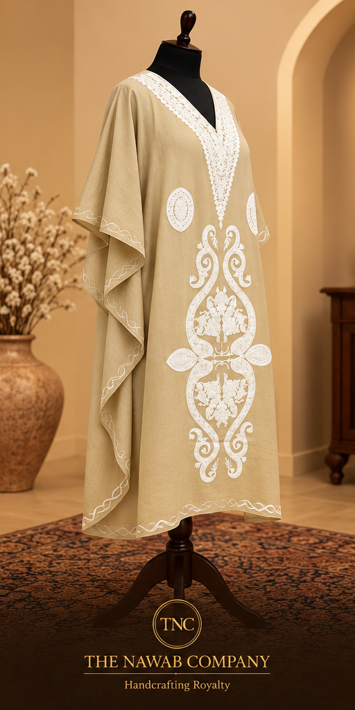 Premium Kashmiri Embroidered Beige Short Kaftan