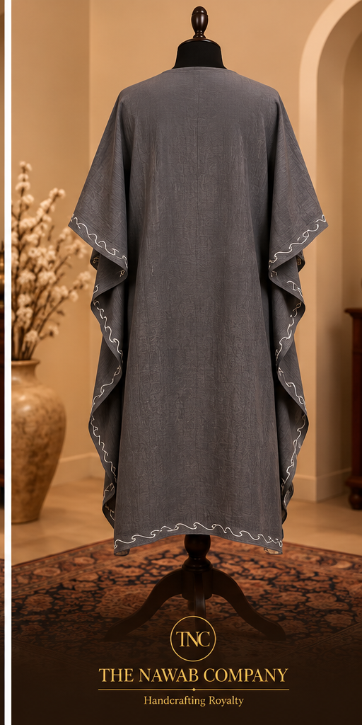 Premium Kashmiri Embroidered Charcoal Short Kaftan