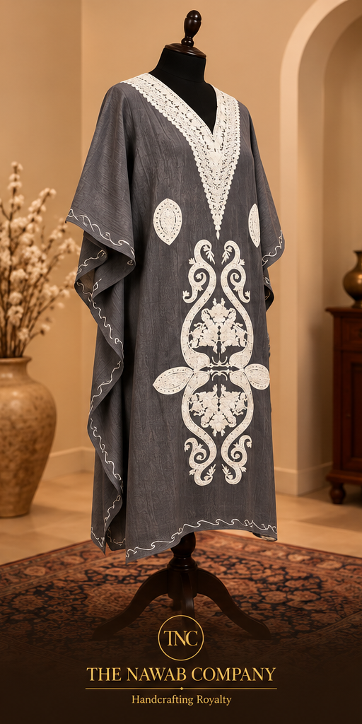 Premium Kashmiri Embroidered Charcoal Short Kaftan