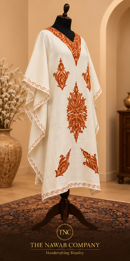 Premium Kashmiri Embroidered Cream Rust Short Kaftan