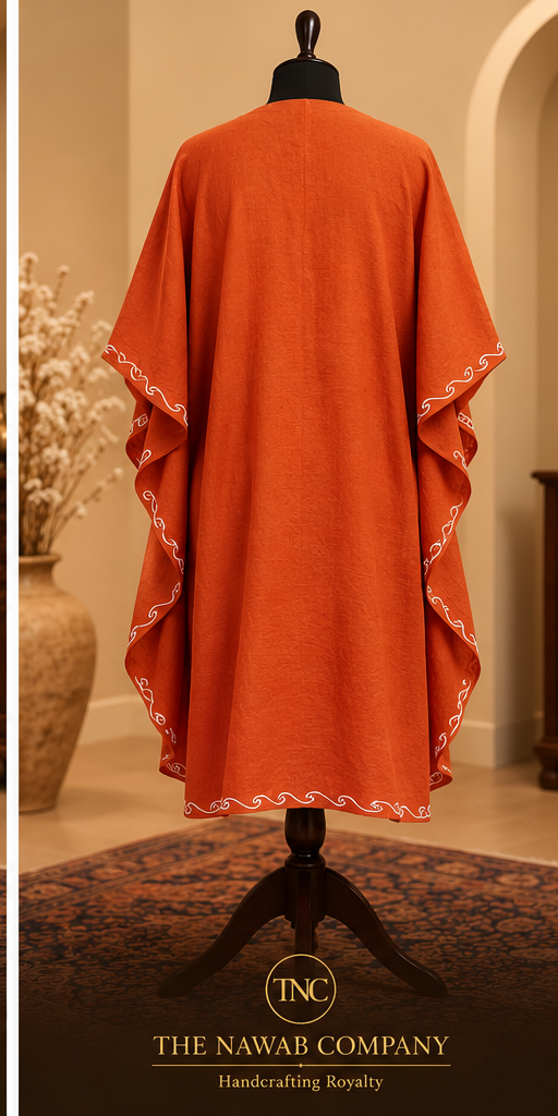Premium Kashmiri Embroidered Rust Orange Short Kaftan