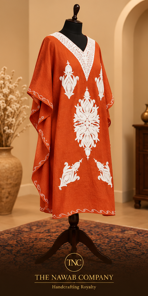 Premium Kashmiri Embroidered Rust Orange Short Kaftan