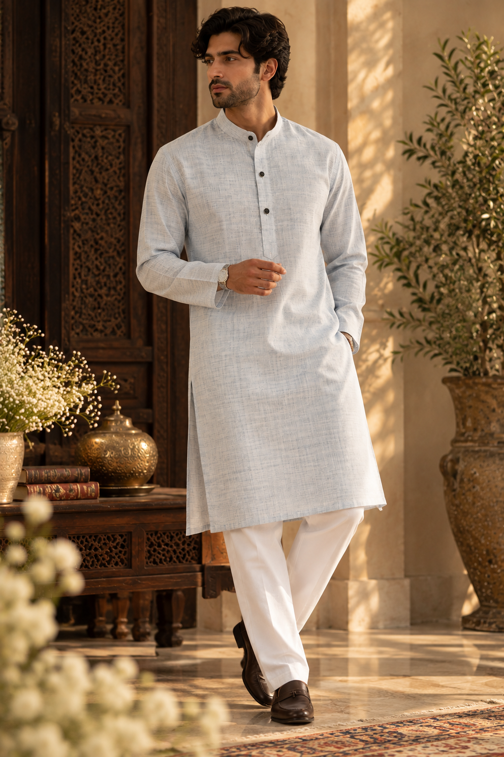 KHADI WHITE GREY KURTA SET