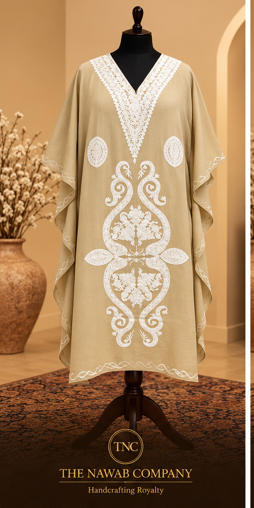 Premium Kashmiri Embroidered Beige Short Kaftan