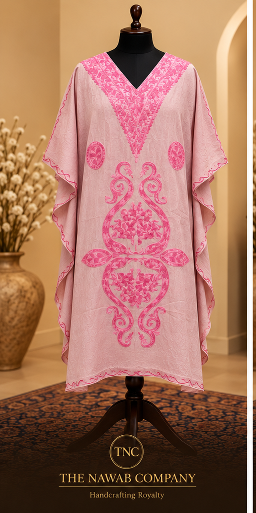 Premium Kashmiri Embroidered Blush Pink Short Kaftan