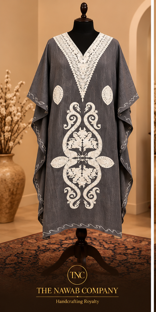Premium Kashmiri Embroidered Charcoal Short Kaftan