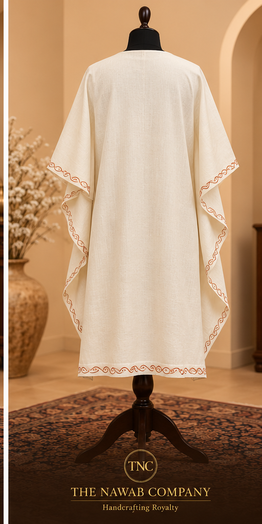 Premium Kashmiri Embroidered Cream Rust Short Kaftan