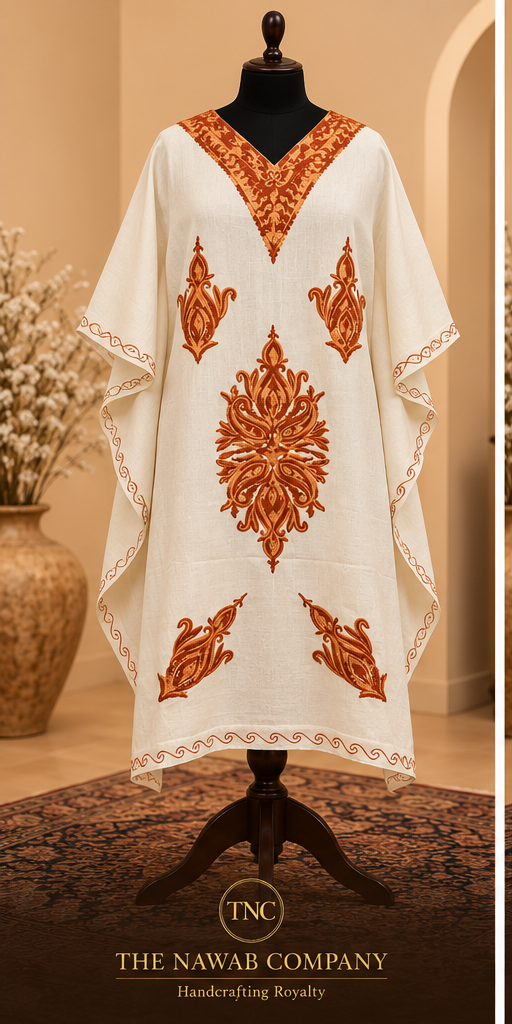 Premium Kashmiri Embroidered Cream Rust Short Kaftan