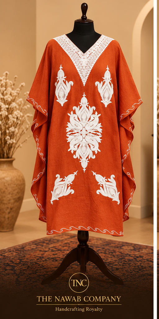 Premium Kashmiri Embroidered Rust Orange Short Kaftan