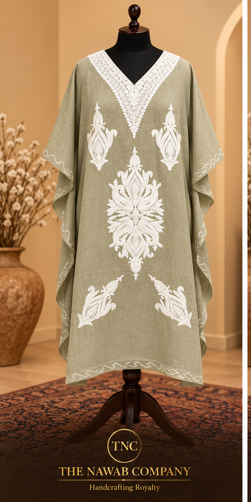 Premium Kashmiri Embroidered Sage Green Short Kaftan