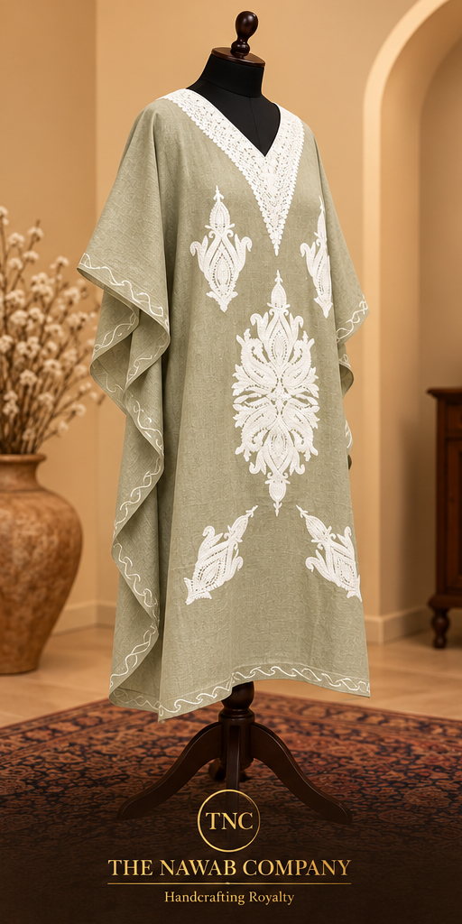 Premium Kashmiri Embroidered Sage Green Short Kaftan