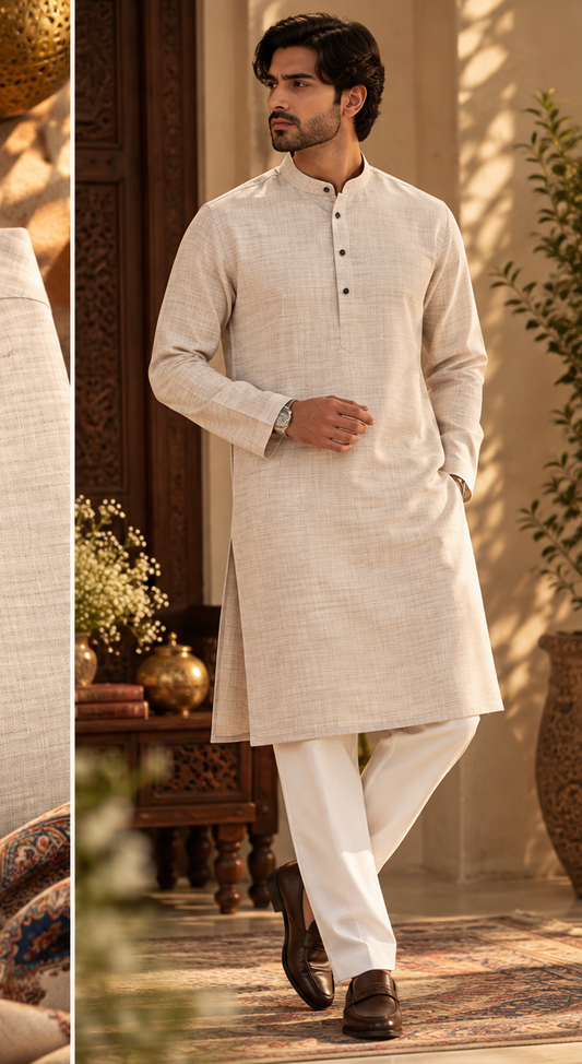 KHADI BEIGE KURTA SET