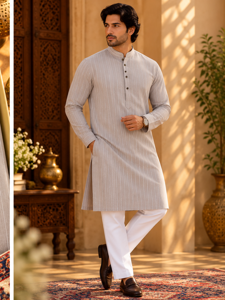 TNC BEIGE PINSTRIPE KURTA SET