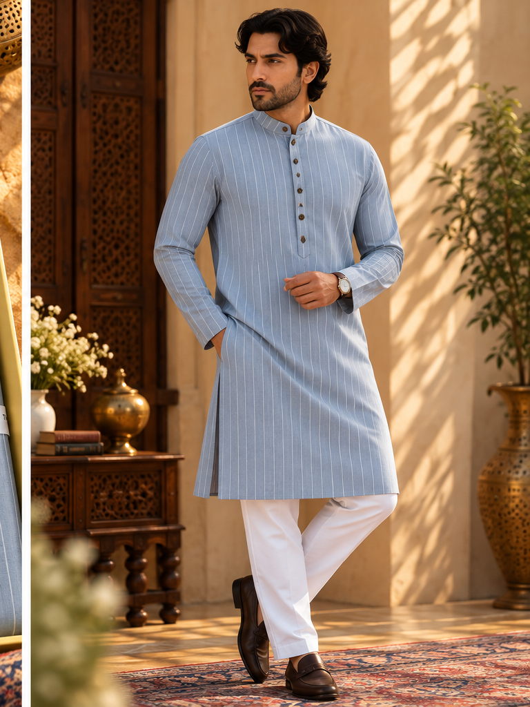TNC LIGHT BLUE PINSTRIPE KURTA SET